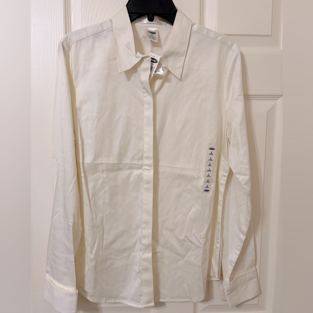 White Stretch Cotton Shirt Pearl button cuffs, Hidden button front Shirt Ivory